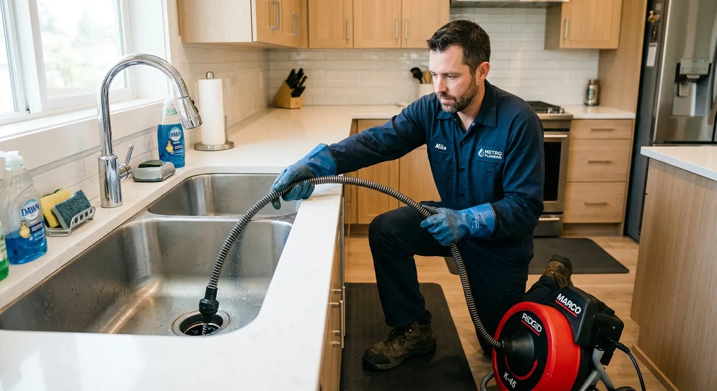 Drain cleaning technician using a motorized snake on a kitchen sink in Merced
