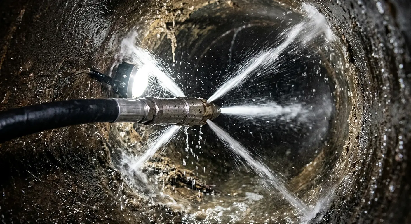 High-pressure hydro jetting nozzle cleaning sewer pipe for Sewer Cleanout in Merced