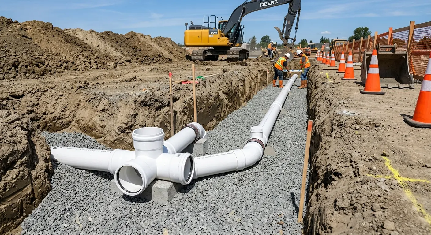 New PVC sewer pipe installation in open trench for Sewer Backup in Merced