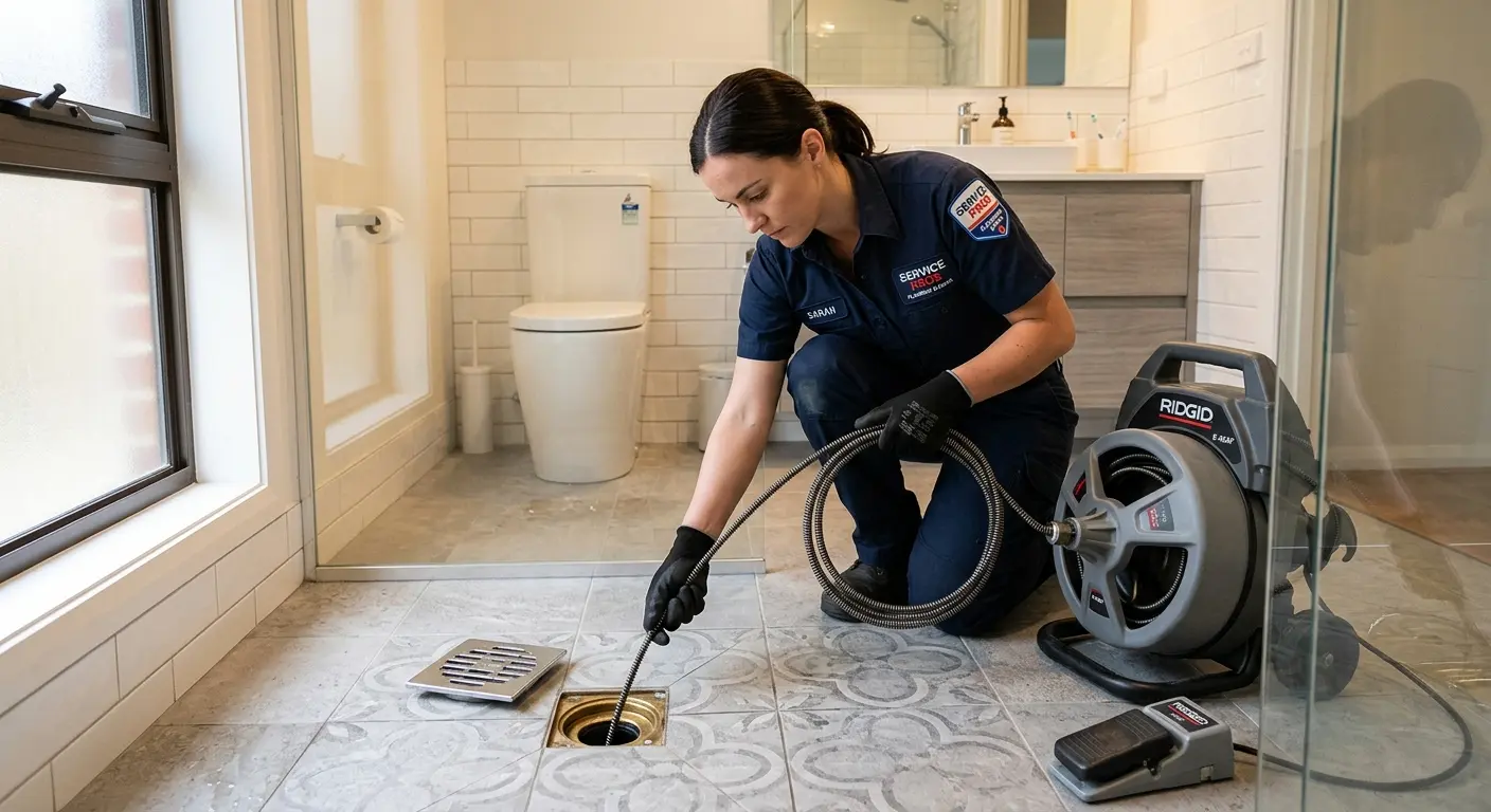 Technician clearing a bathroom floor drain for Sewer Line Replacement in Merced